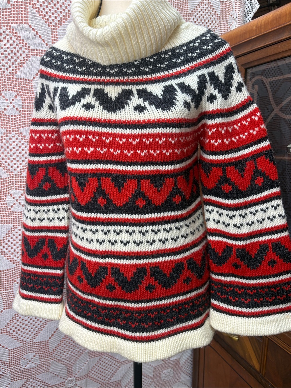 Vintage Fair Isle Cowl Neck Sweater Red Black Cream Acrylic - Picture 3 of 11
